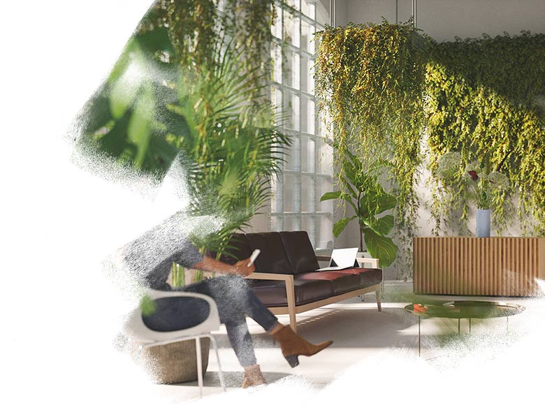 Breakout area covered with green plants