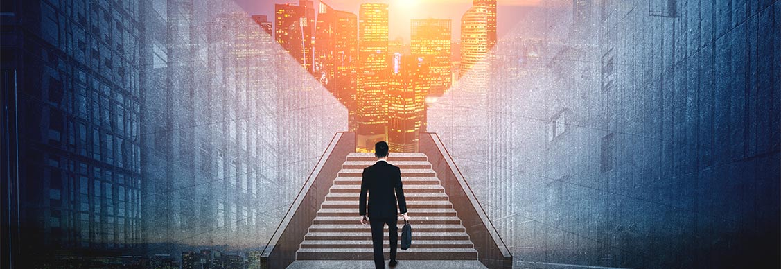 Ambitious business man climbing stairs to meet incoming challenge and business opportunity. The high stair represents the concept of career path success, future planning and business competitions.