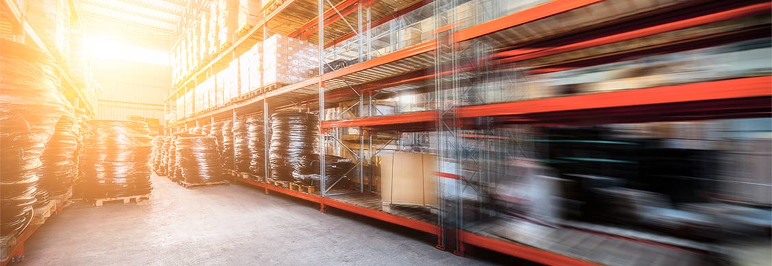 Long shelves with a variety of boxes and containers