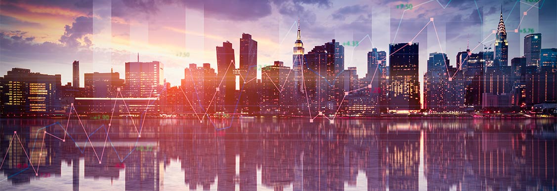Business background with stock graph growth on the city skyline view