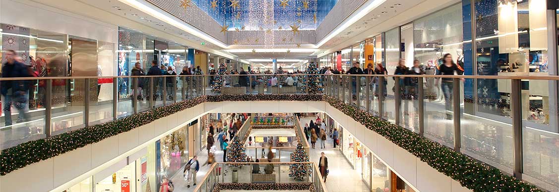 Shopping center decorated with christmas ornaments and lights