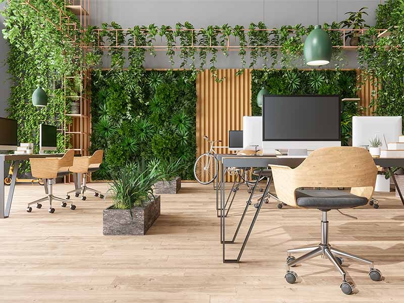 Eco-Friendly Open Plan Modern Office With Tables, Office Chairs, Pendant Lights, Creeper Plants And Vertical Garden Background