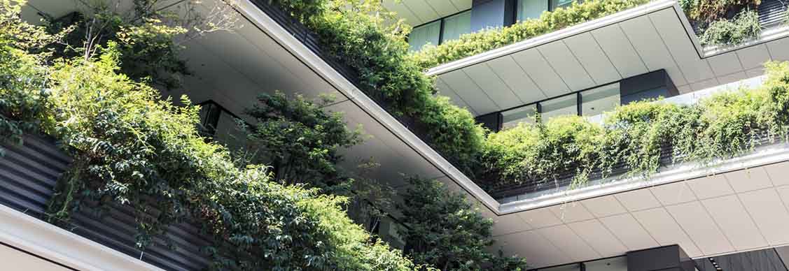 Building with greens on the floors, sunny day.