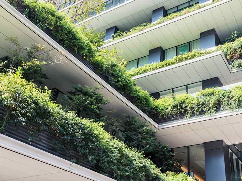 Building with greens on the floors, sunny day.