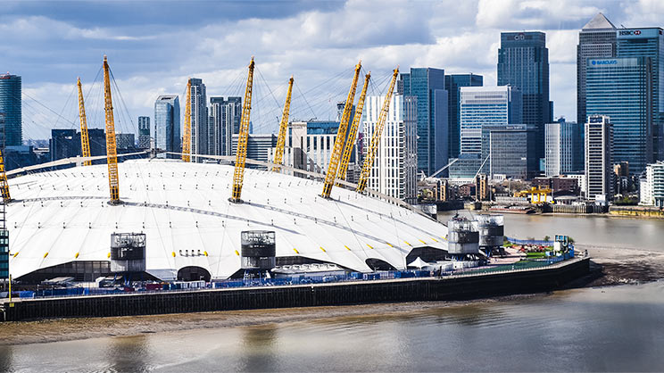 The O2 Arena in London from across the River Thames