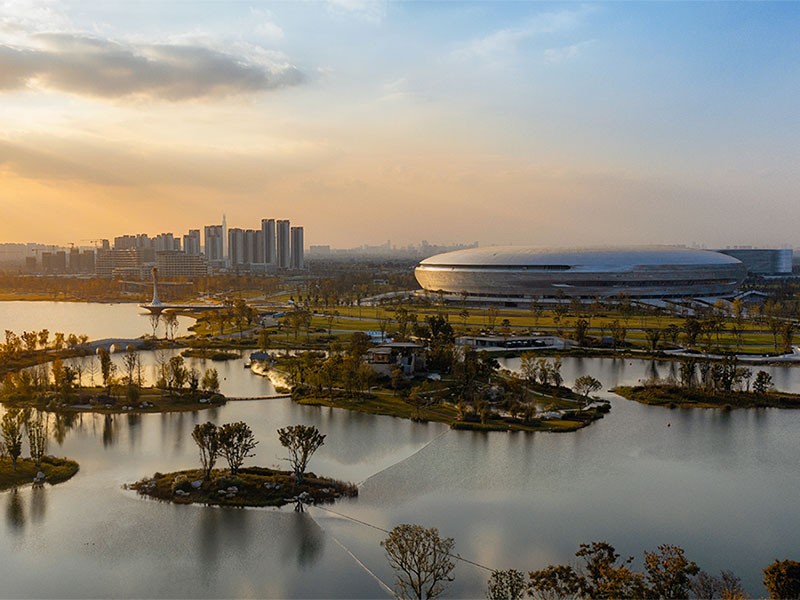 City on river bank