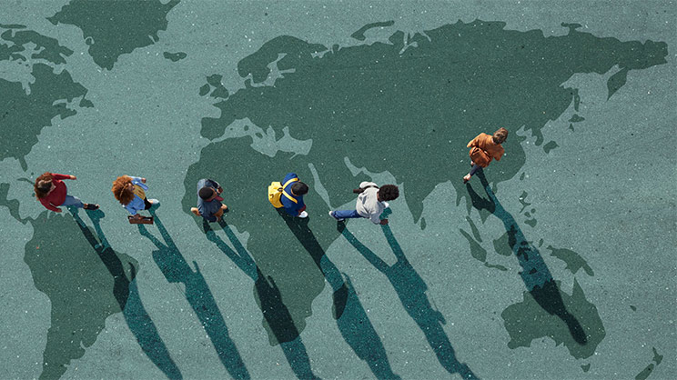 People walking on map floor