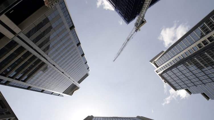 1761573 - office buildings, wide angle perspective view, looking up, sydney, australia