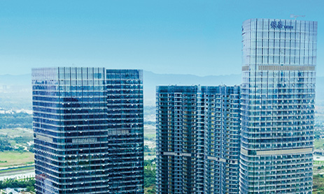 Exterior top view of high rise buildings