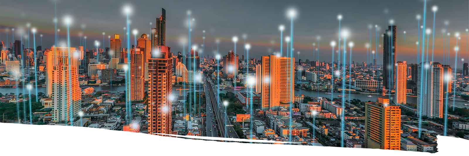 Smart city and dot point connect Modern Telecom System ,Boundless connection technology concept.Blue tone
