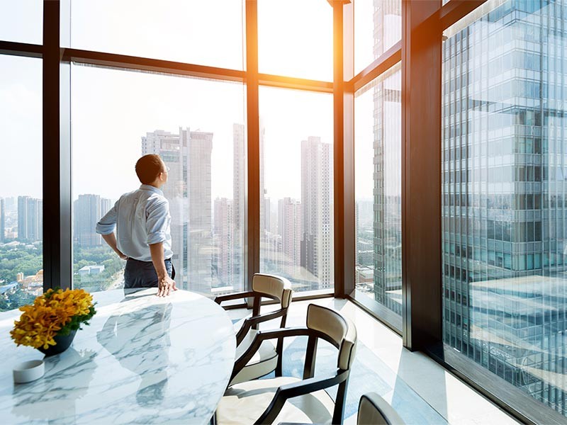 Businessman standing and looking at cityscape