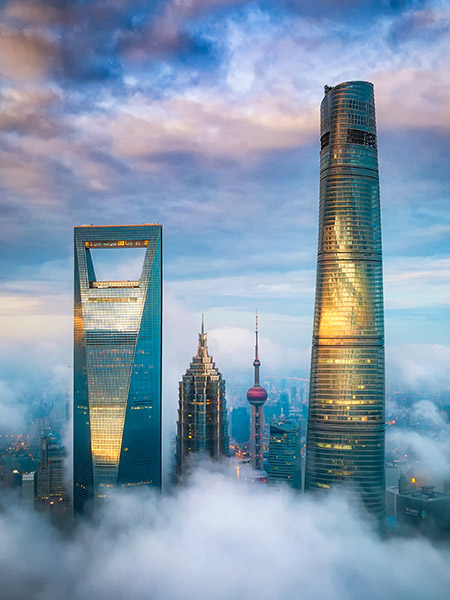 Skyscrapers towering into the clouds