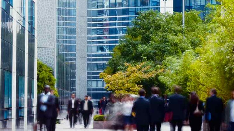 Numerous professional walking infront of buildings