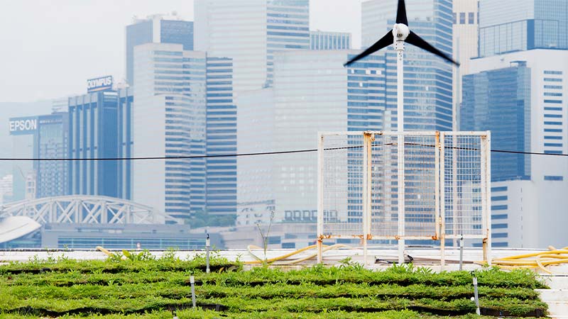 wind power plants in front of huge glass buildings 