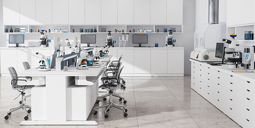 Modern Empty Science Laboratory With Computers, Microscopes, Test Tubes And Other Laboratory Equipment