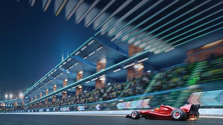 3D red sport racing car on track