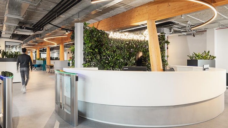 AstraZeneca office view with greenary in reception area