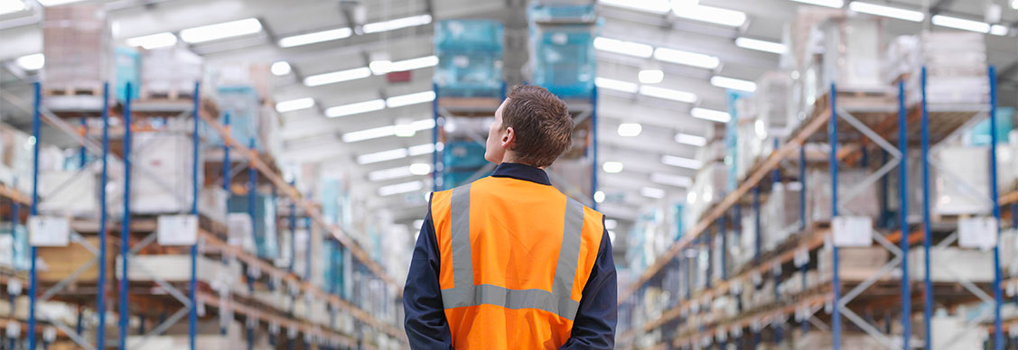 Man looking at warehouse shelves