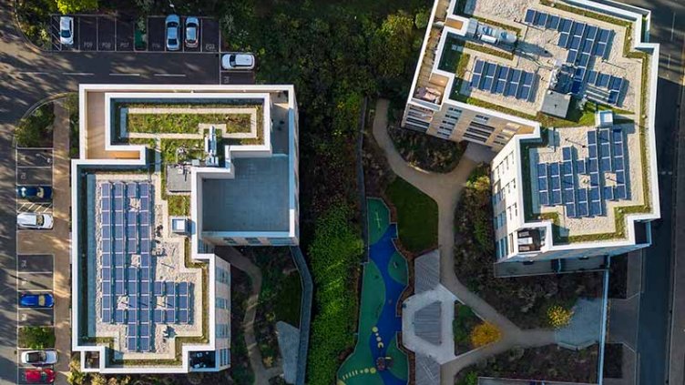 Arial view of sustainable green corporate buildings
