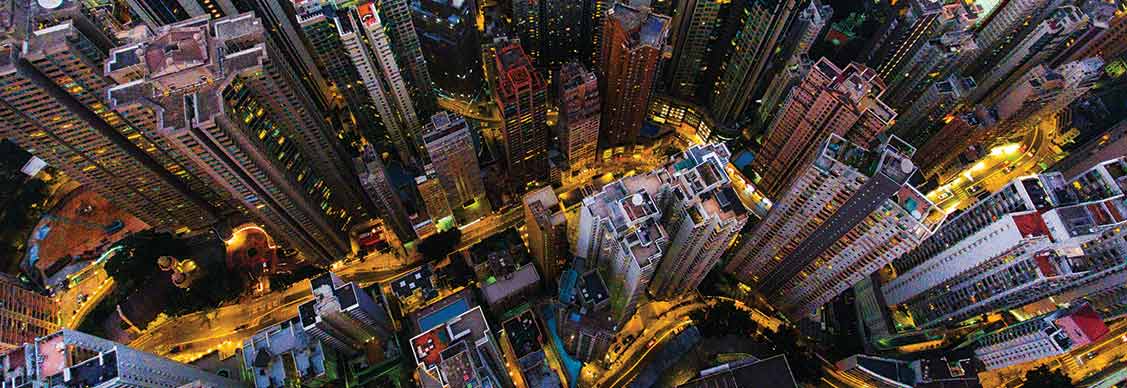 Aerial view of high rise real estate buildings in a smart city