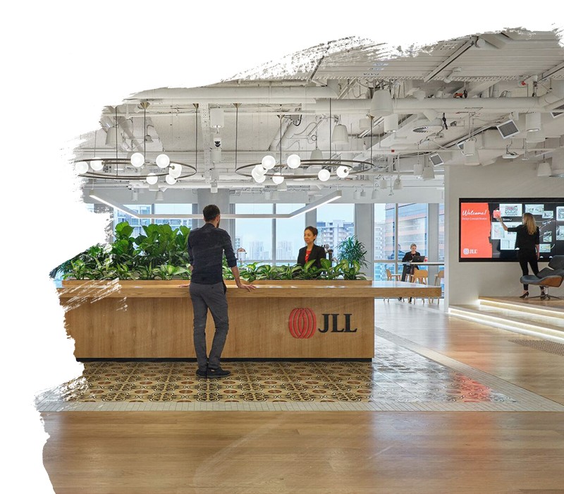 People talking at JLL office reception